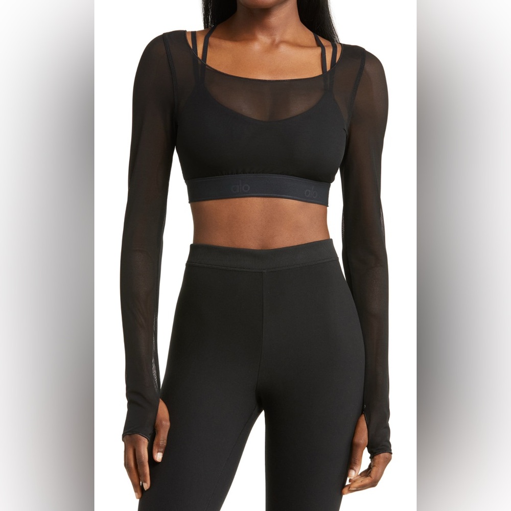 ALO Yoga Black Sheer Long Sleeve Crop Top